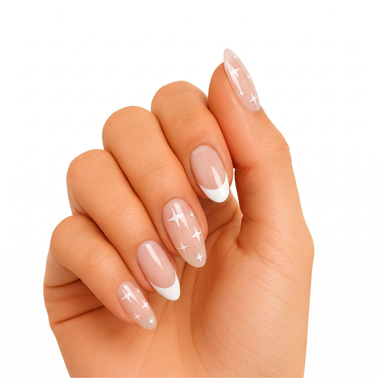 Glossy nude nail wraps with white French tips and star sparkle accents