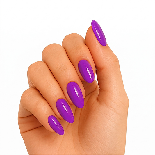 Glossy vivid purple semi-cured gel nail wraps on almond-shaped nails