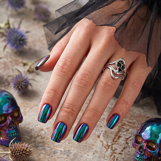 Chrome oil-slick press-on nails in blue-green-purple metallic finish, square shape