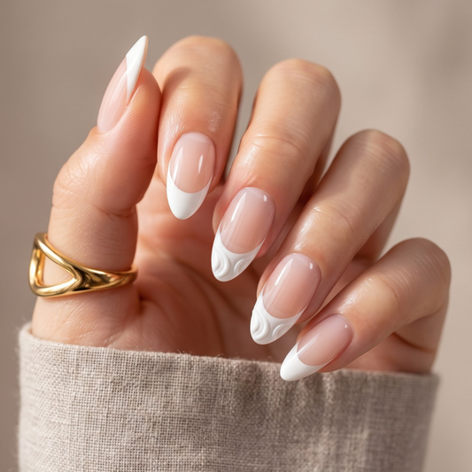 Short almond soft gel press-ons, glossy nude with white French wave tip design