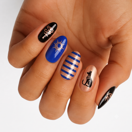 Egyptian-theme nail wraps: black, blue, gold with cat, sun, and stripe motifs