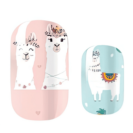 Kids nail wraps featuring cute llama designs in pink and mint green colours