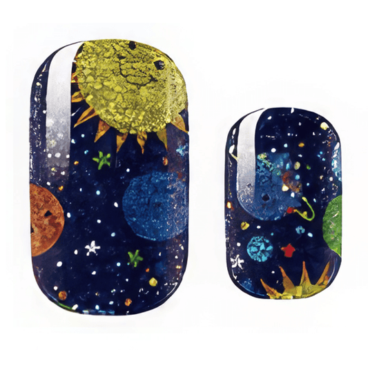 Space themed kids nail wraps featuring blue galaxy with planets and stars