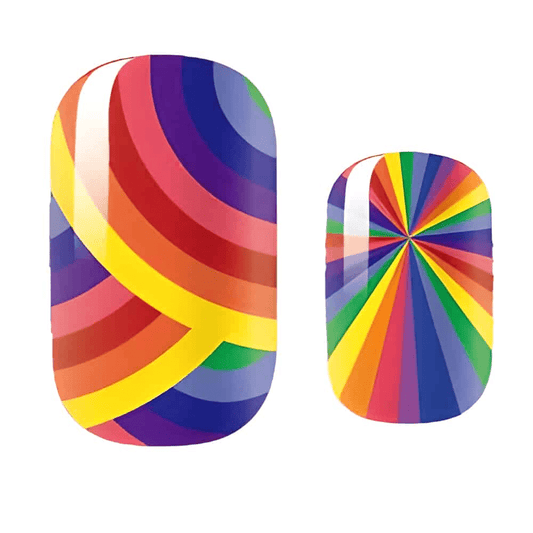 Rainbow striped kids nail wraps with colourful swirl patterns for children's manicures