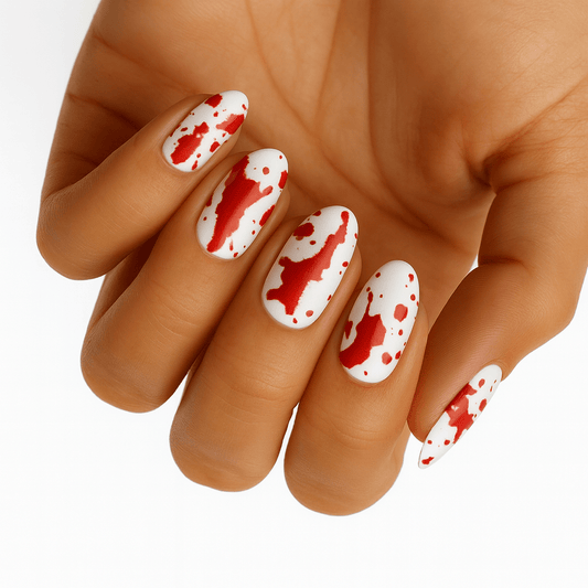 White nails with red blood splatter pattern non-UV nail wraps on hand Halloween design