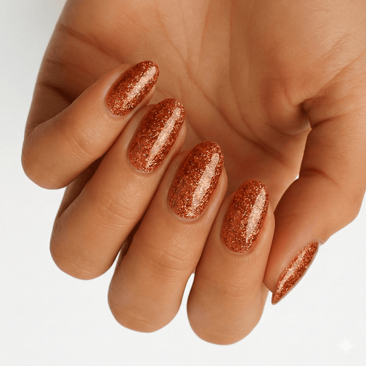 Hand displaying burnt sienna glitter nail wraps in copper metallic finish