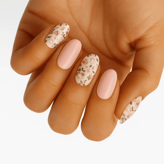 Hand displaying nude pink gel nail wraps with delicate floral pattern at-home manicure