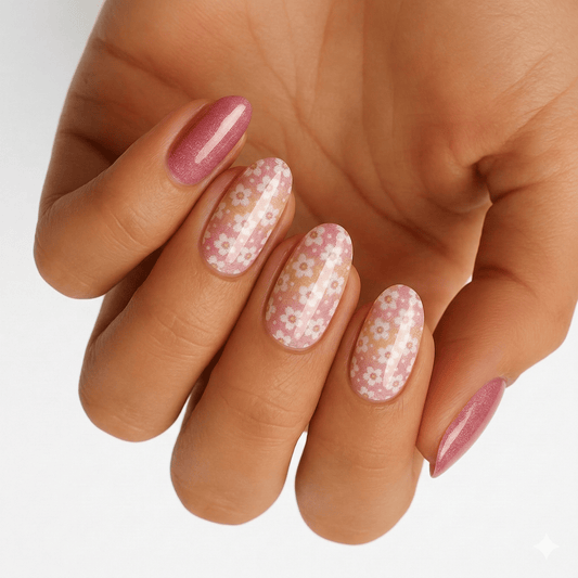 Pink floral nail wraps with white flowers on hand showing romantic spring nail art design