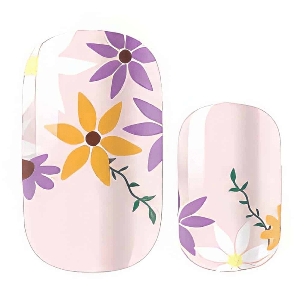 Delicate pansy flower design on pink base non-UV nail wraps for spring manicure