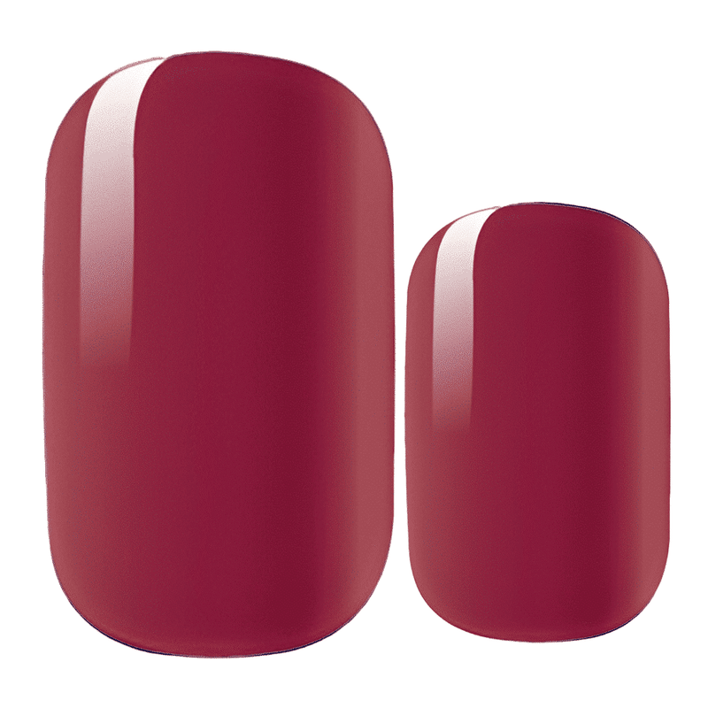 Two glossy burgundy nail wrap samples showing deep wine red finish for nail art