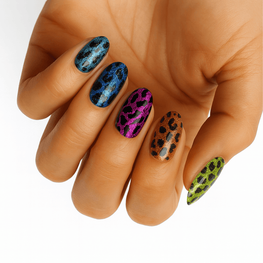 Colourful leopard print gel nail wraps on hand featuring rainbow animal print nail art
