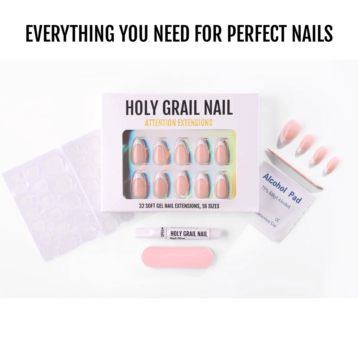 Complete nail care kit with glazed nude press-on nails and manicure accessories