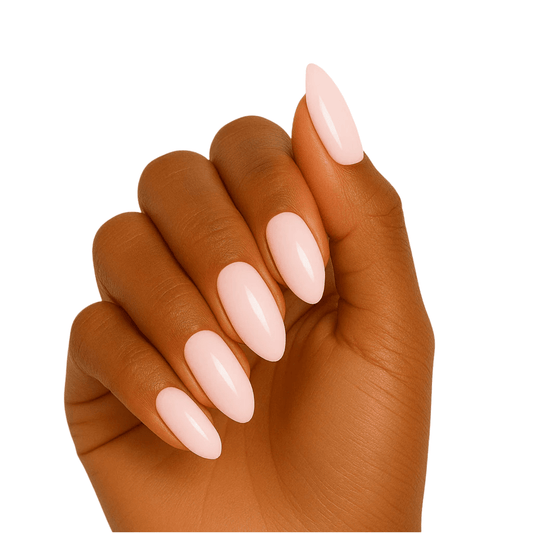 Soft pink gel nail wraps on almond shaped nails for elegant manicure