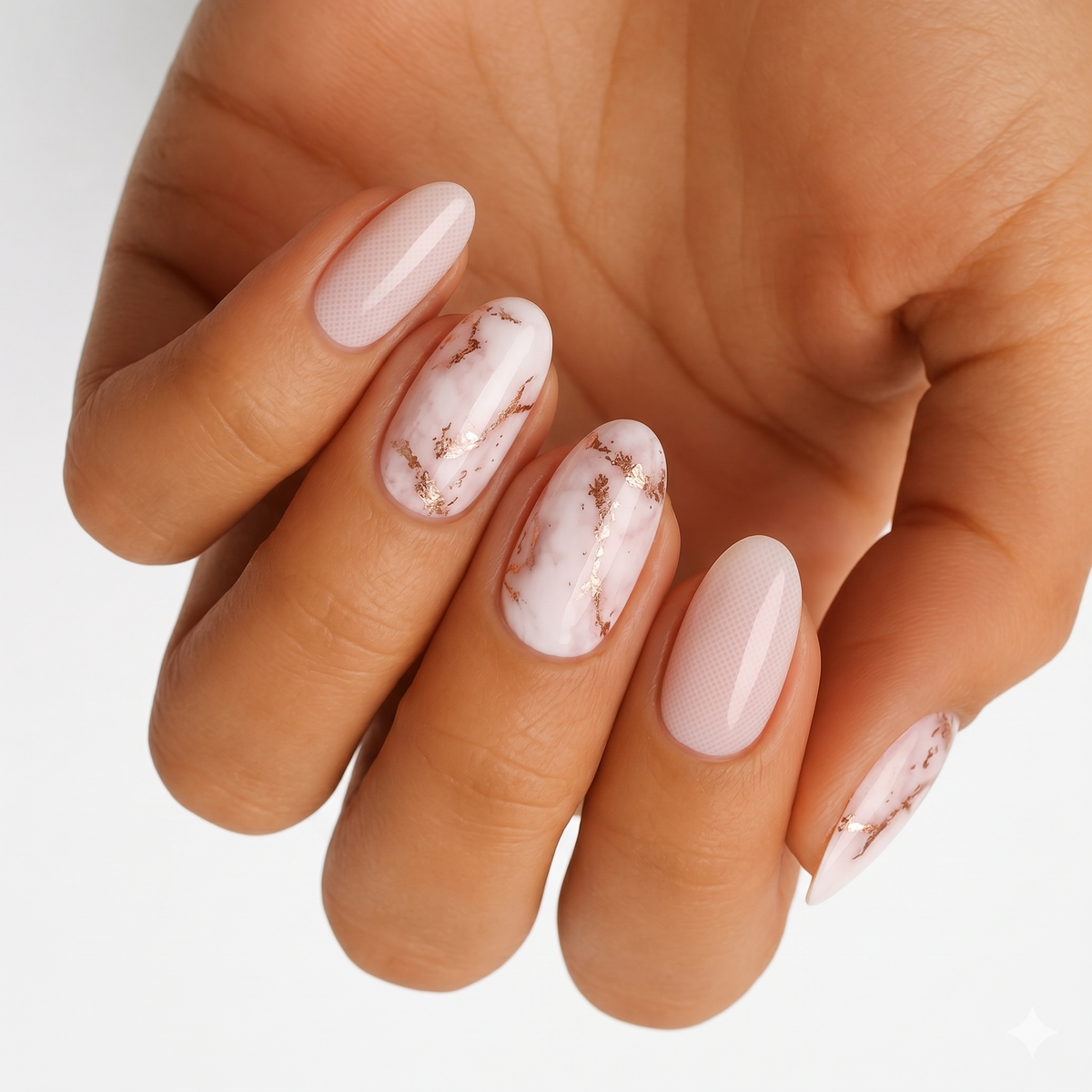 White and pink marble semi-cured gel nail wraps with gold foil veining, glossy finish