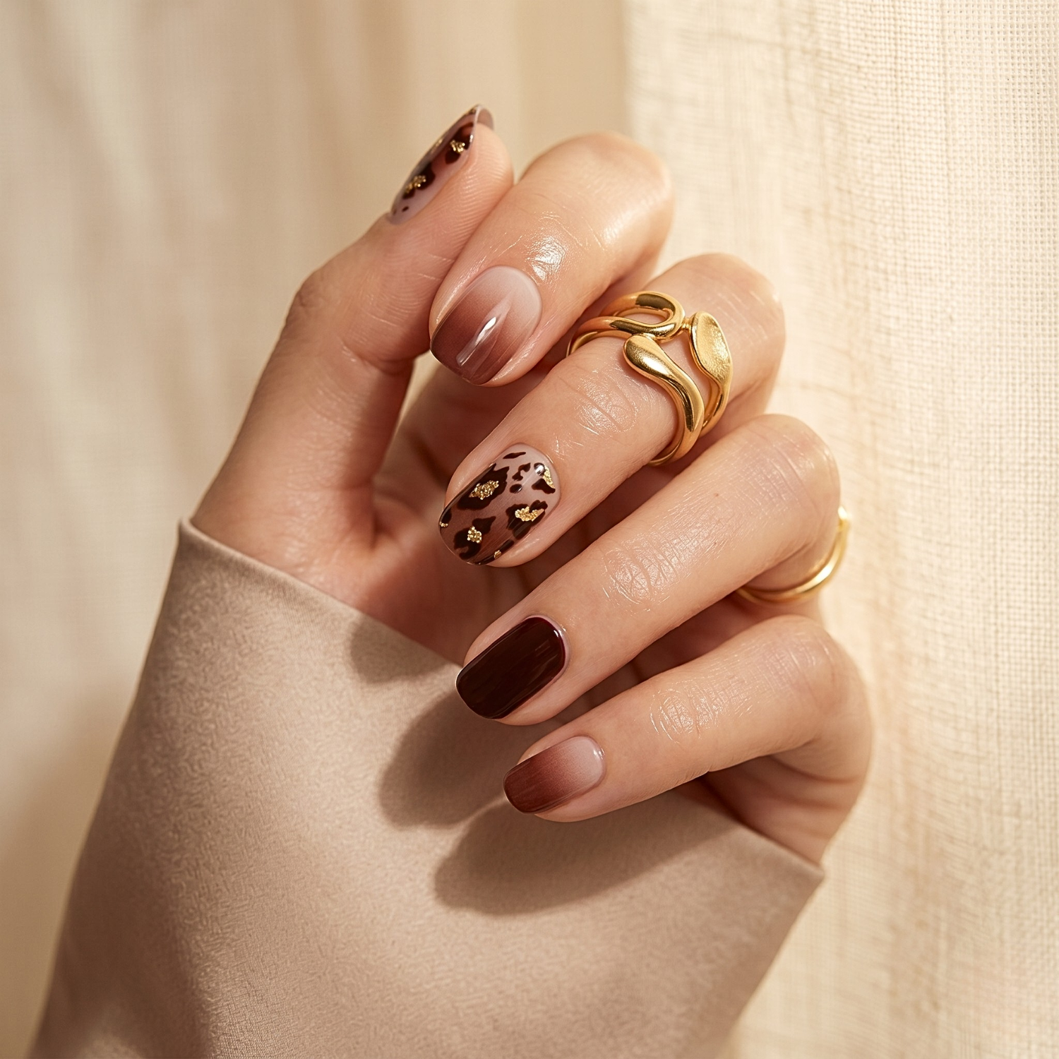 Semi-cured gel nail wraps in brown ombré, glittery leopard print, and burgundy solid design.