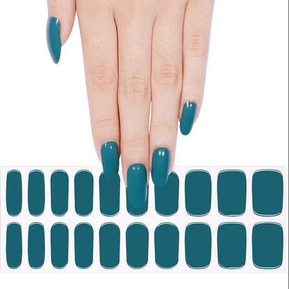 Solid teal glossy semi-cured gel nail wraps, shown on hand and full sheet.