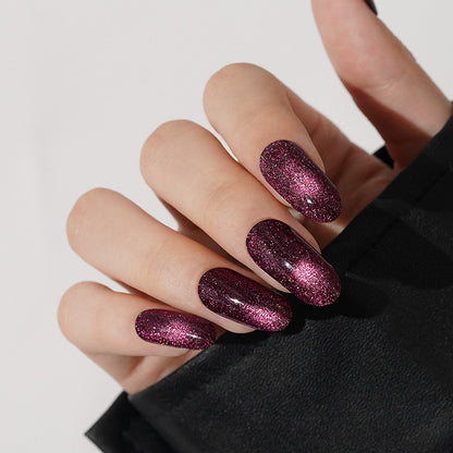 Deep magenta glitter semi-cured gel nail wraps with sparkling shimmer finish, almond shape