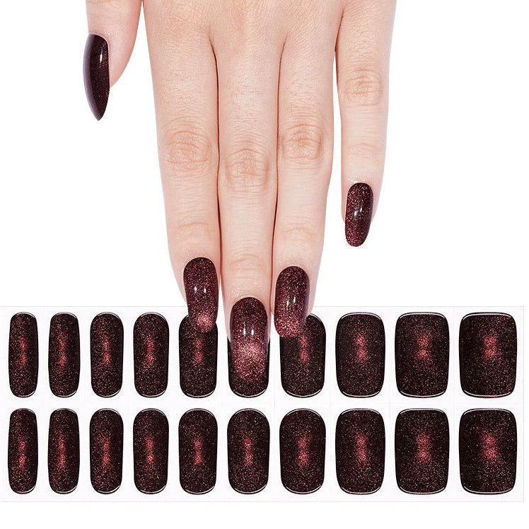 Deep wine-red cat-eye glitter semi-cured gel nail wraps with glossy finish, almond shape