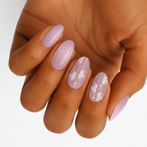 Sheer lilac shimmer semi-cured gel nails with white leaf vine and rhinestone accents