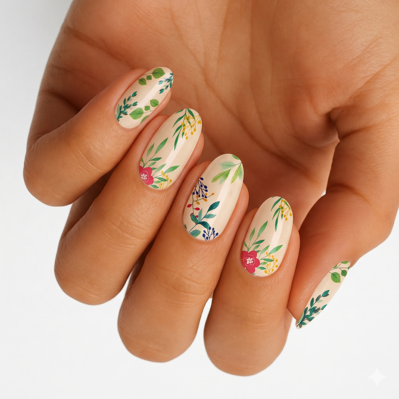 Nude glossy press-on nails with green botanical leaves and pink floral accents