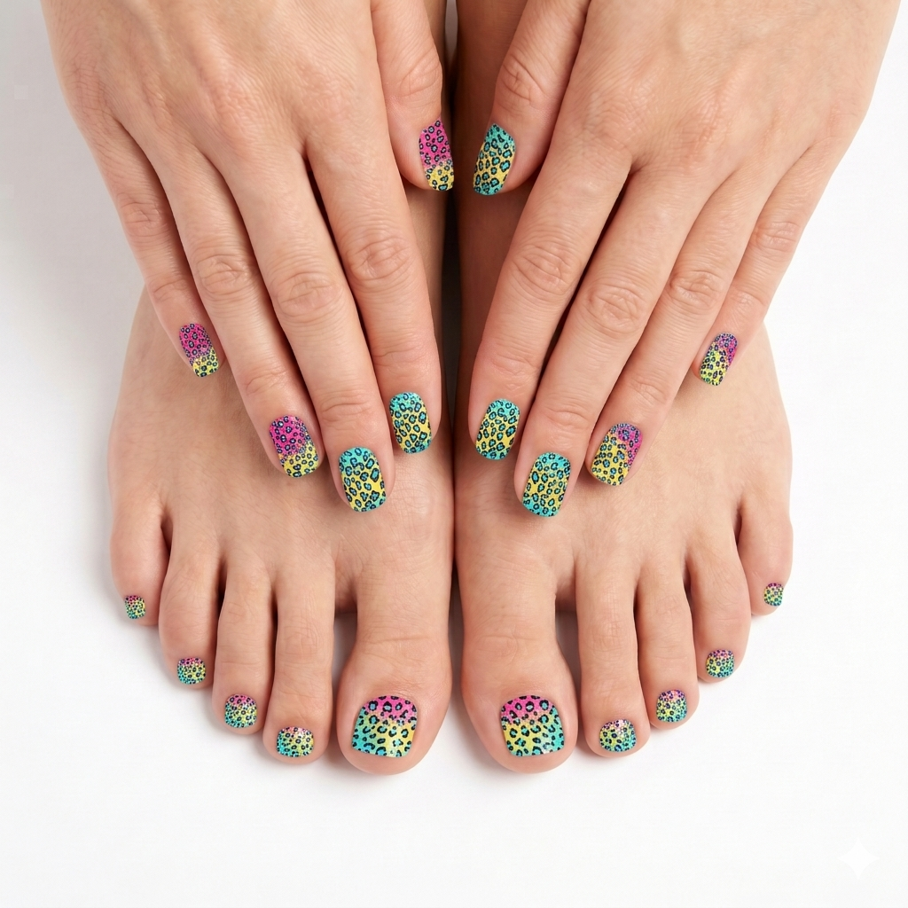 Neon leopard print nail wraps in pink, teal, and yellow on fingers and toes