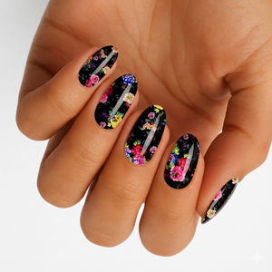 Glossy black nail wraps with colorful multi-floral rose print, almond shape