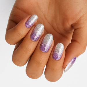 Silver-to-lavender glitter ombre semi-cured gel nail wraps on oval nails