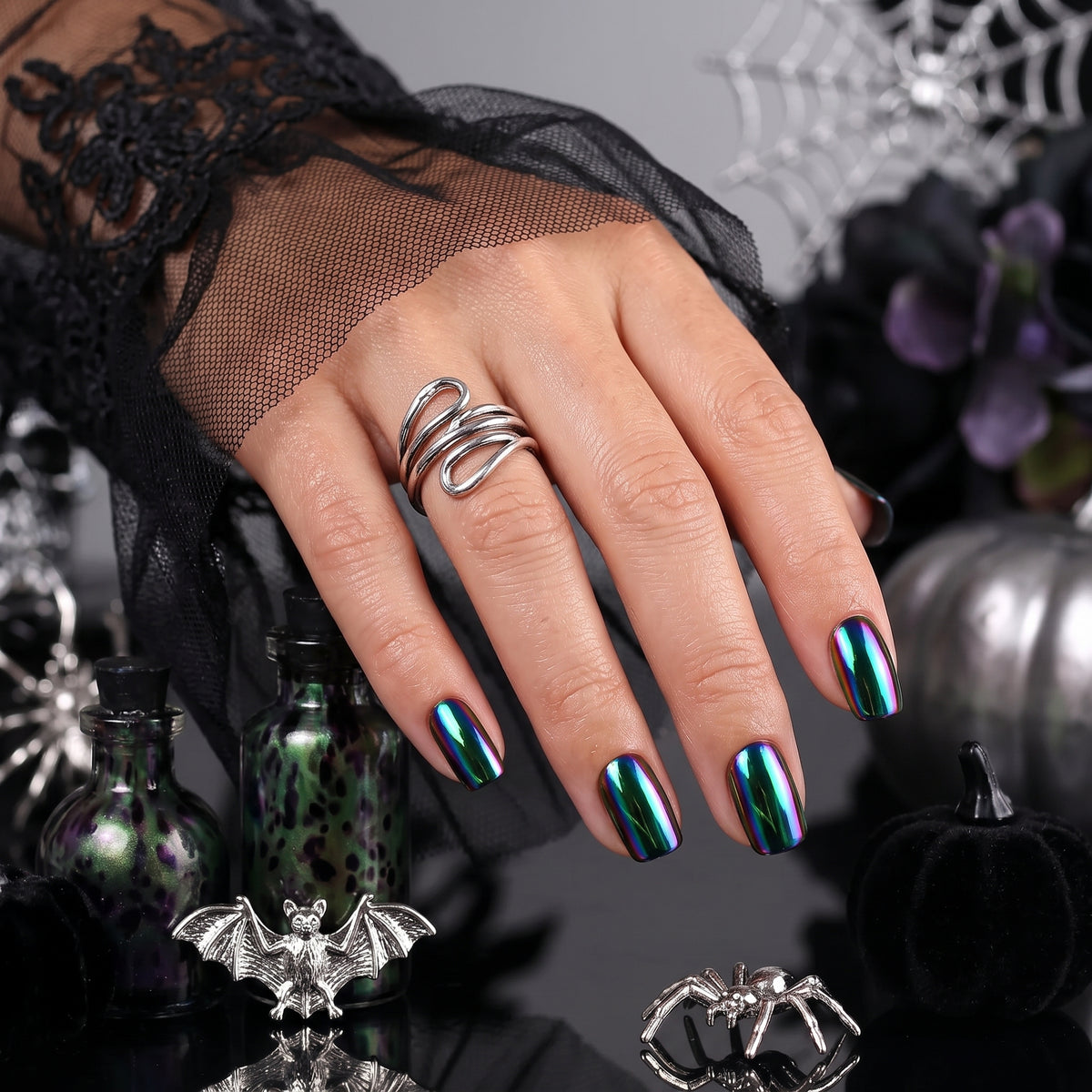 Black chrome semi-cured gel nail wraps with oil-slick rainbow shimmer finish, short square shape