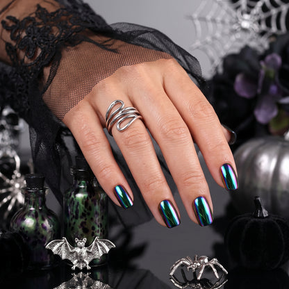 Black chrome semi-cured gel nail wraps with oil-slick rainbow shimmer finish, short square shape