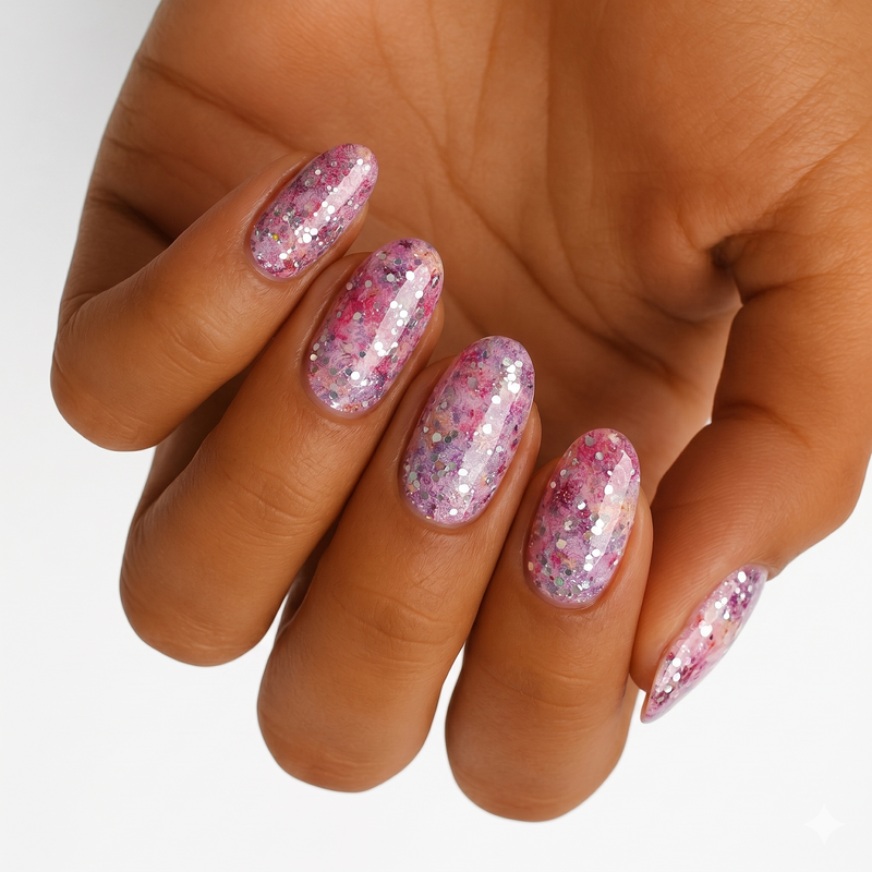 Purple glitter nail wraps on hand showing sparkly galaxy-inspired nail art design