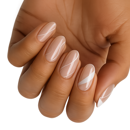 Translucent swirl pattern nail wraps on hand clean girl minimalist manicure design