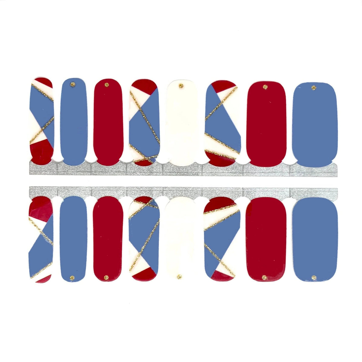 Red, blue, and cream nail wraps with gold geometric crisscross accents, glossy finish.