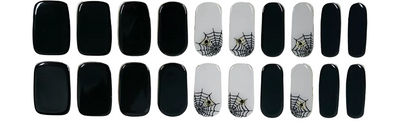 Glossy black semi-cured gel nail wraps with white spiderweb and spider accent nails