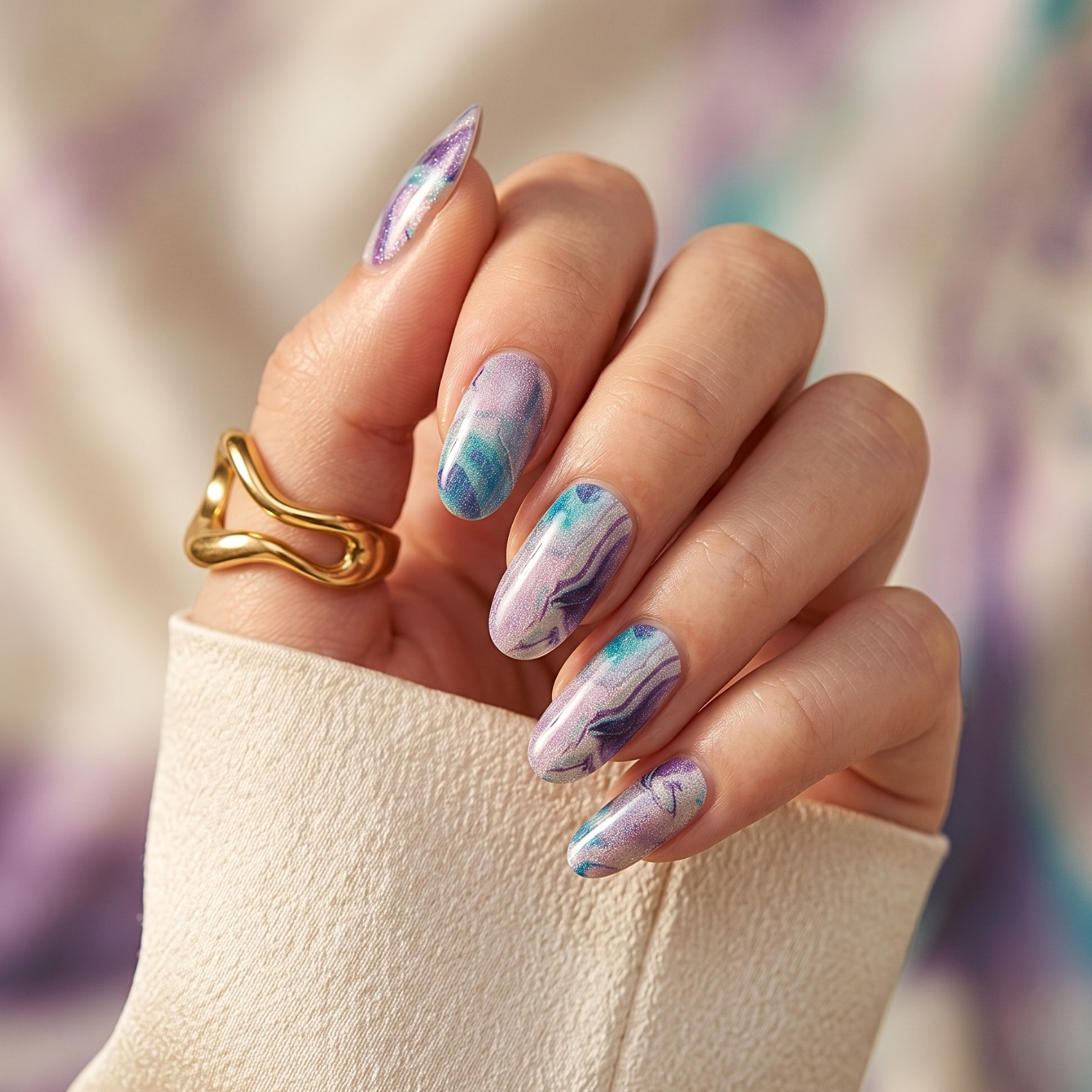 Purple and teal marbled semi-cured gel nail wraps on shimmery almond-shaped nails.