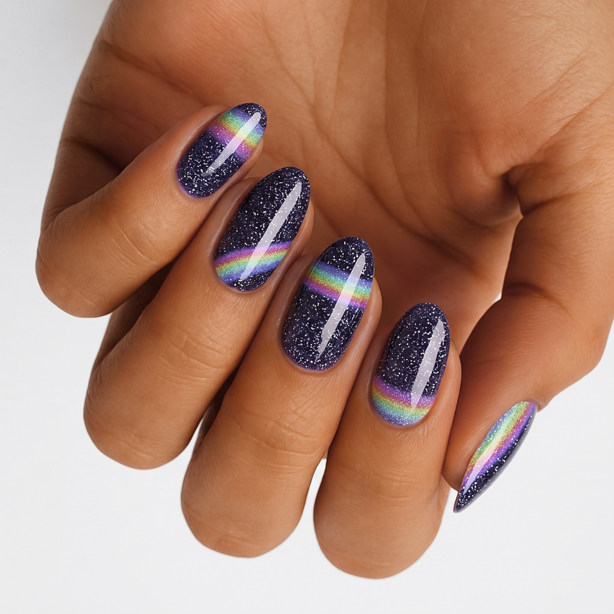 Dark navy glitter nail wraps with holographic rainbow streak, semi-cured gel, almond shape