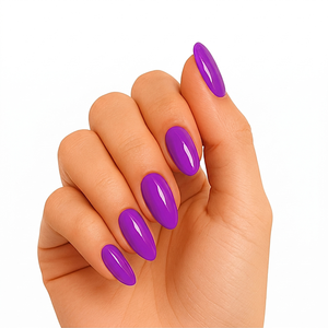 Glossy vivid purple semi-cured gel nail wraps on almond-shaped nails