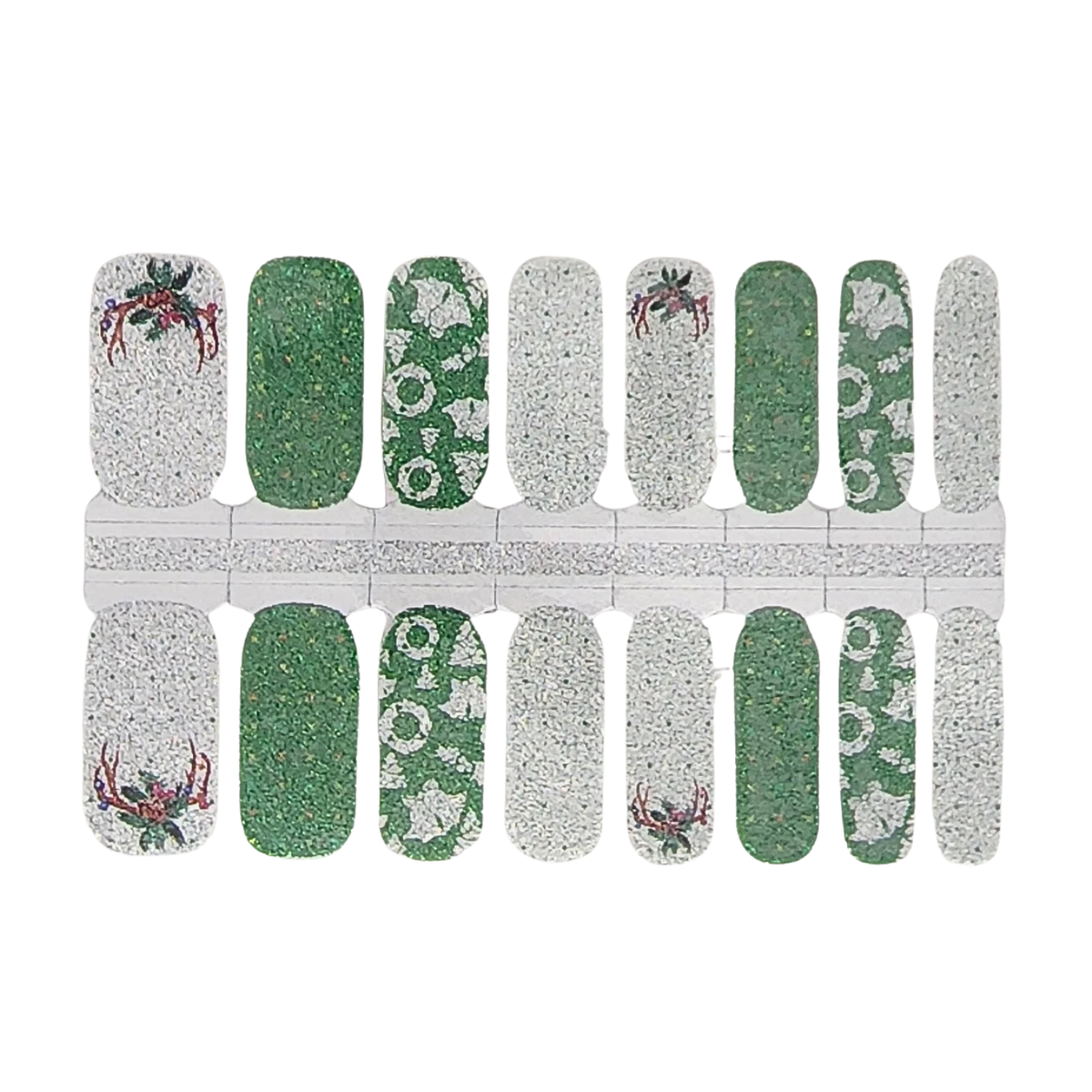 Glitter nail wraps in silver and green with holly wreaths and antler motifs