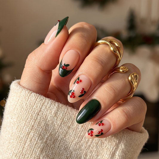Dark green glossy press-on nails with French tips and red cherry berry accents