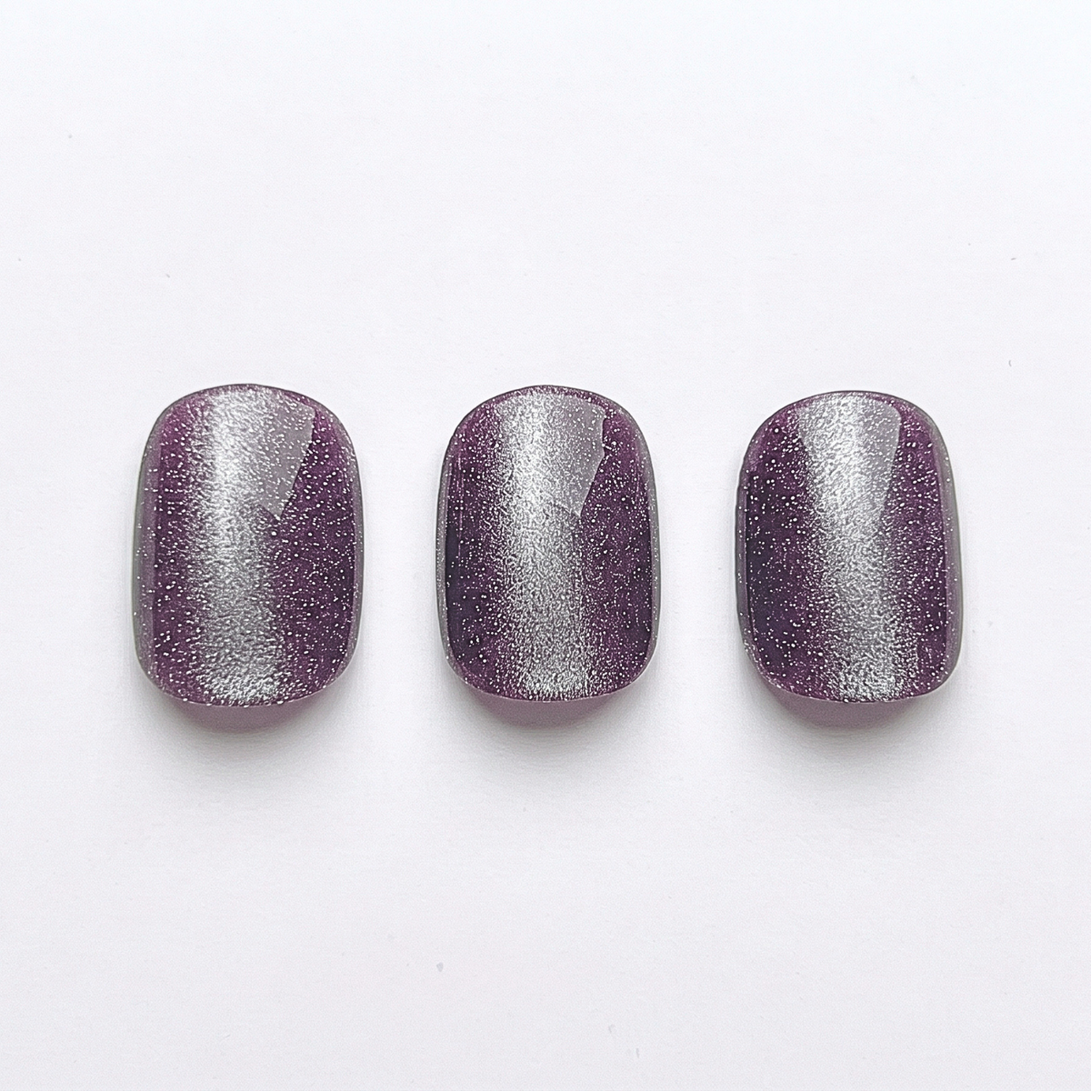 Purple cat's-eye magnetic shimmer soft gel press-on nails with silver light streak