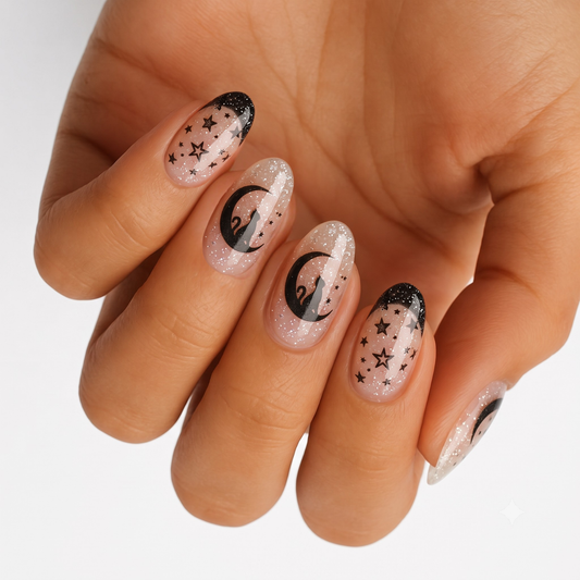 Glittery nude nail wraps with black cat, crescent moon and star designs