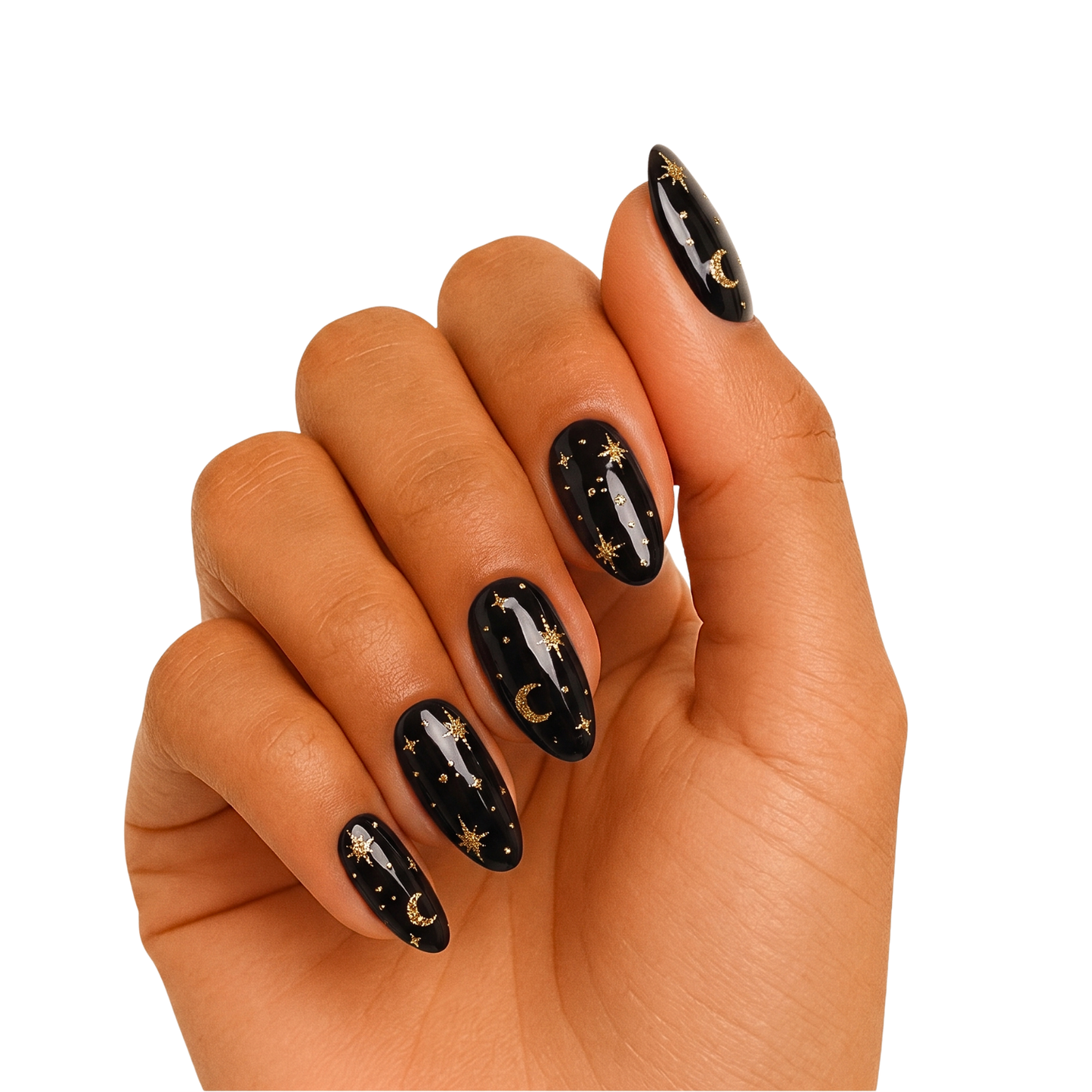 Glossy black press-on nails with gold celestial moon and star design, almond shape.