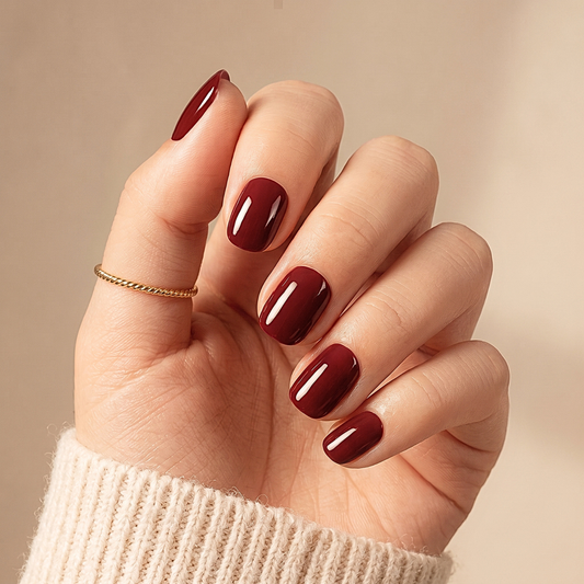 Deep burgundy glossy semi-cured gel nail wraps on short round nails