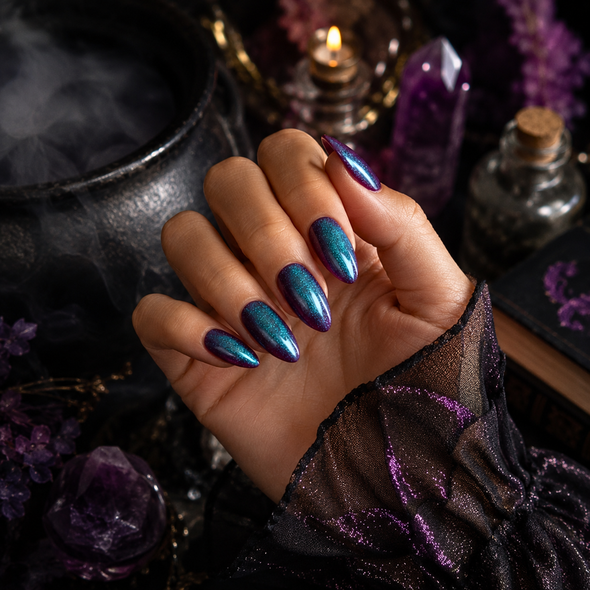 Almond press-on nails in shimmering blue-green to purple color-shifting chrome finish.