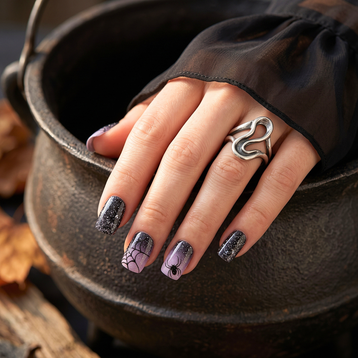 Semi-cured gel nail wraps in glittery black and lilac with spiderweb and spider design