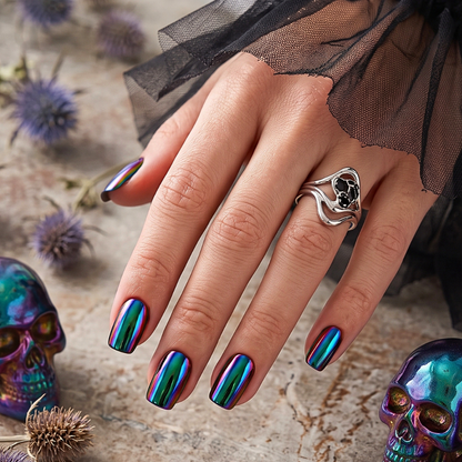 Chrome oil-slick press-on nails in blue-green-purple metallic finish, square shape