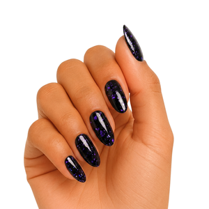 Black semi-cured gel nail wraps with purple foil flakes, glossy almond shape.