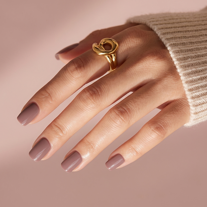 Mauve-brown glossy semi-cured gel nail wraps on squoval manicured nails.