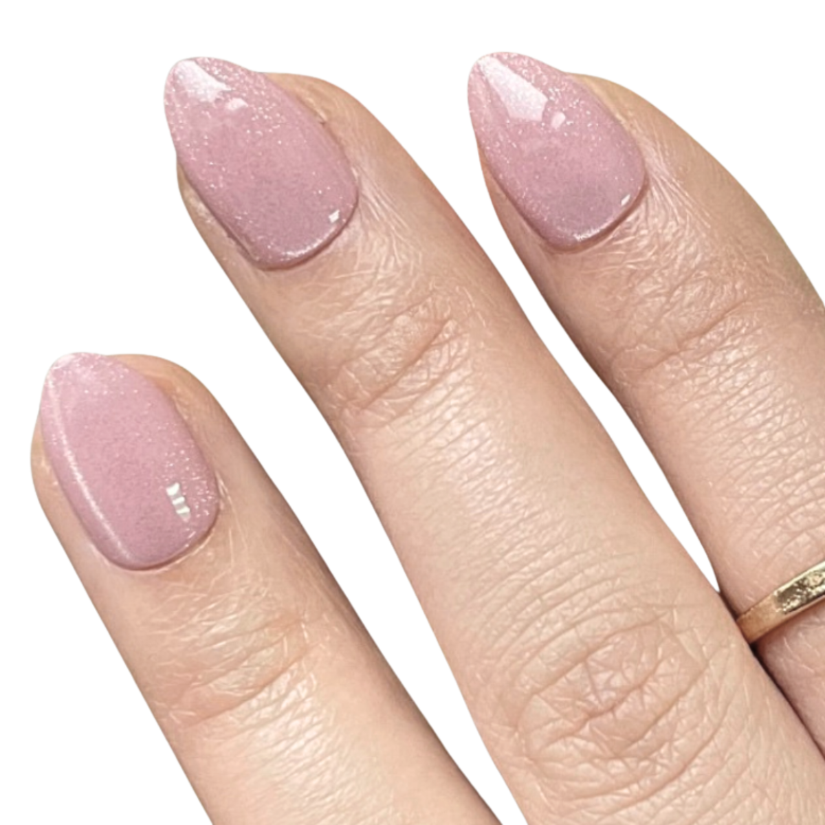 Mauve pink shimmer semi-cured gel nail wraps on almond-shaped nails, glossy finish.