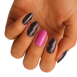 Black glossy nail wraps with skeleton hand and floral print, pink glossy accent nail