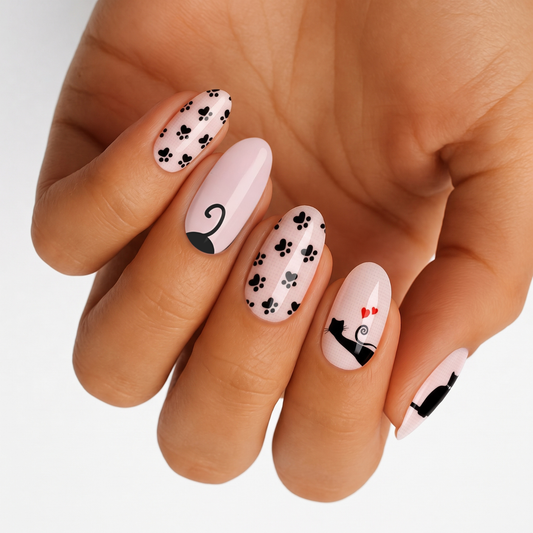Glossy pale pink nail wraps with black cat silhouettes, paw prints, and red hearts